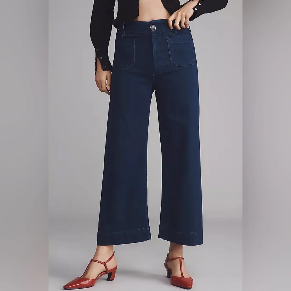 Anthropologie The Colette Crop High-Rise Wide-Leg Dark Blue Jeans by Maeve - Picture 2 of 14